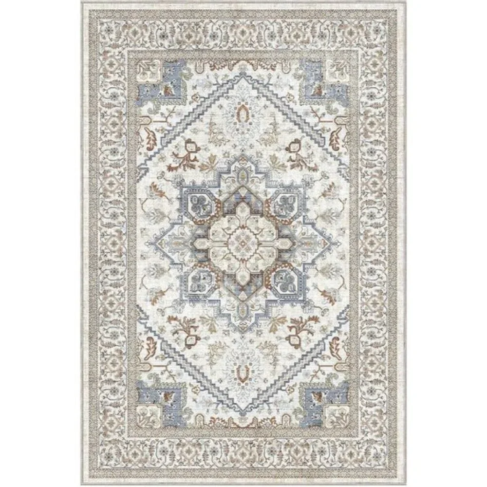 New 5x7 Area Rug, Soft Washable Faux Cashmere Carpet, Non-Slip, Grey/Blue/Cream